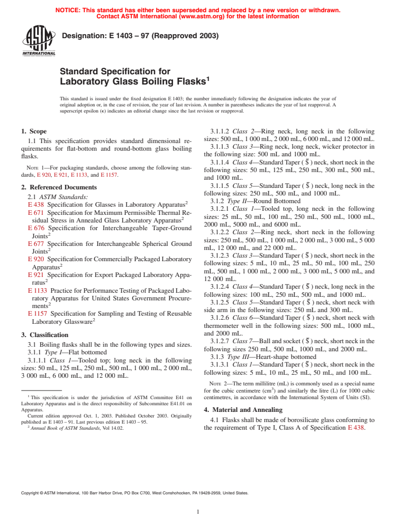 ASTM E1403-97(2003) - Standard Specification for Laboratory Glass Boiling Flasks