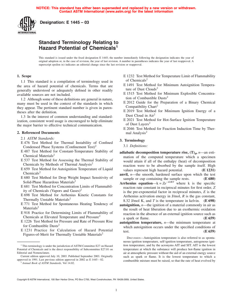 ASTM E1445-03 - Standard Terminology Relating to Hazardous Potential of Chemicals