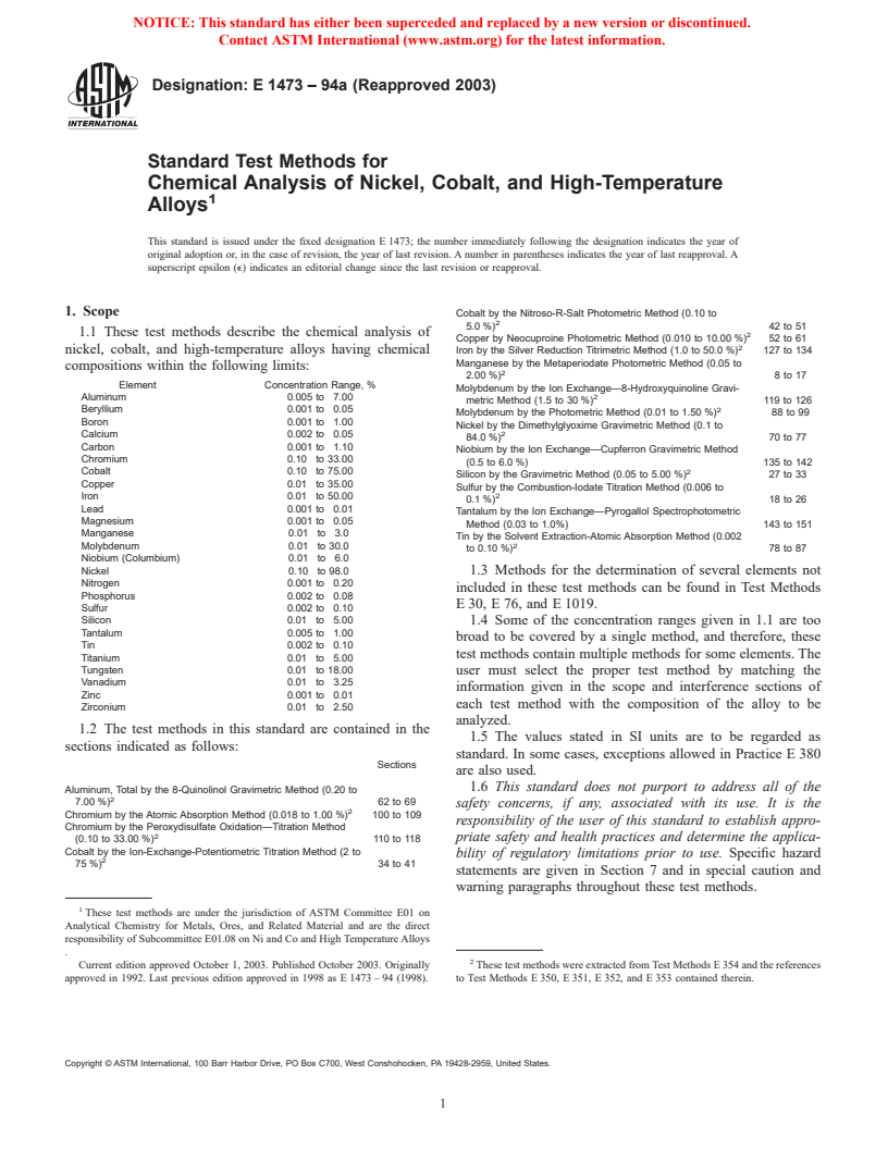 ASTM E1473-94a(2003) - Standard Test Methods for Chemical Analysis of Nickel, Cobalt, and High-Temperature Alloys