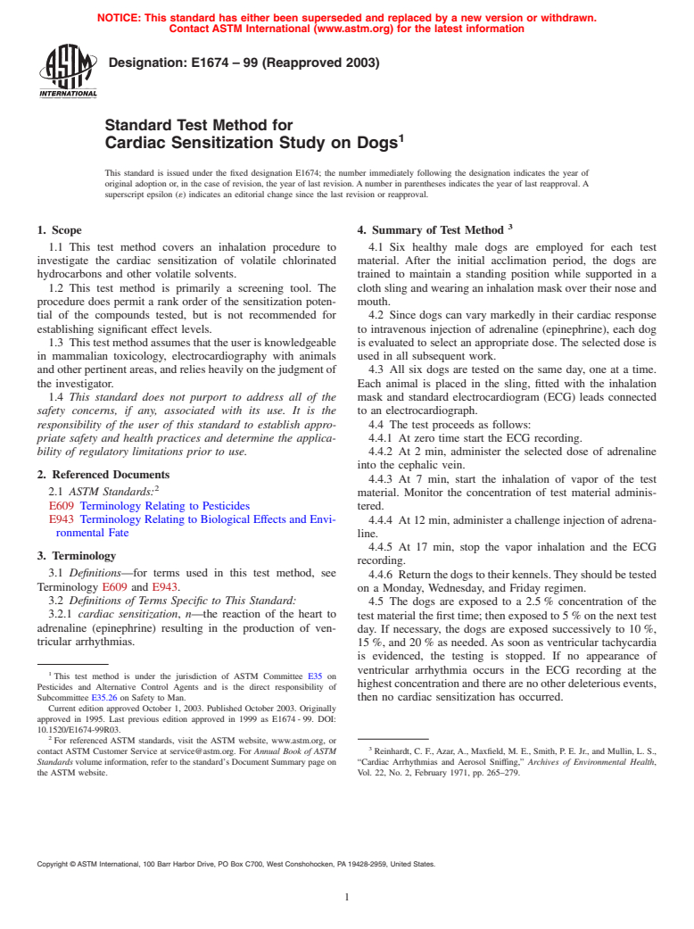 ASTM E1674-99(2003) - Standard Test Method for Cardiac Sensitization Study on Dogs (Withdrawn 2010)