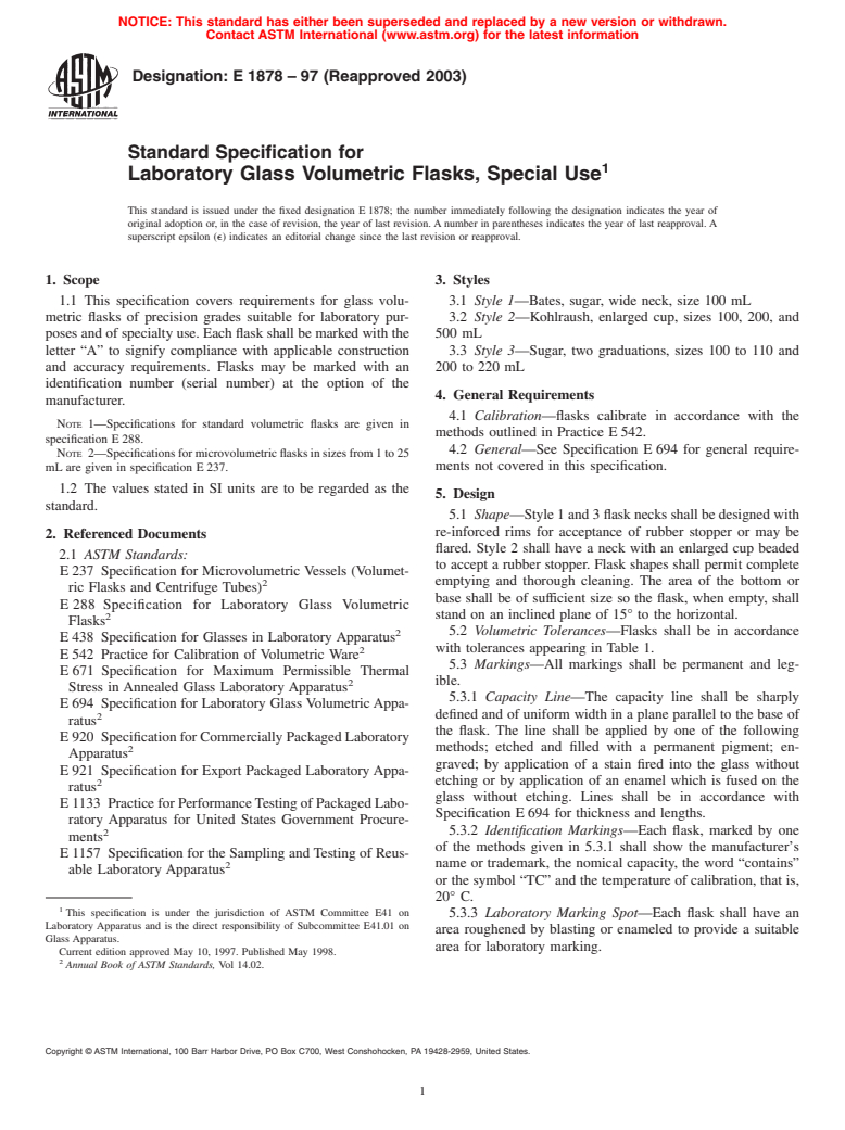 ASTM E1878-97(2003) - Standard Specification for Laboratory Glass Volumetric Flasks, Special Use