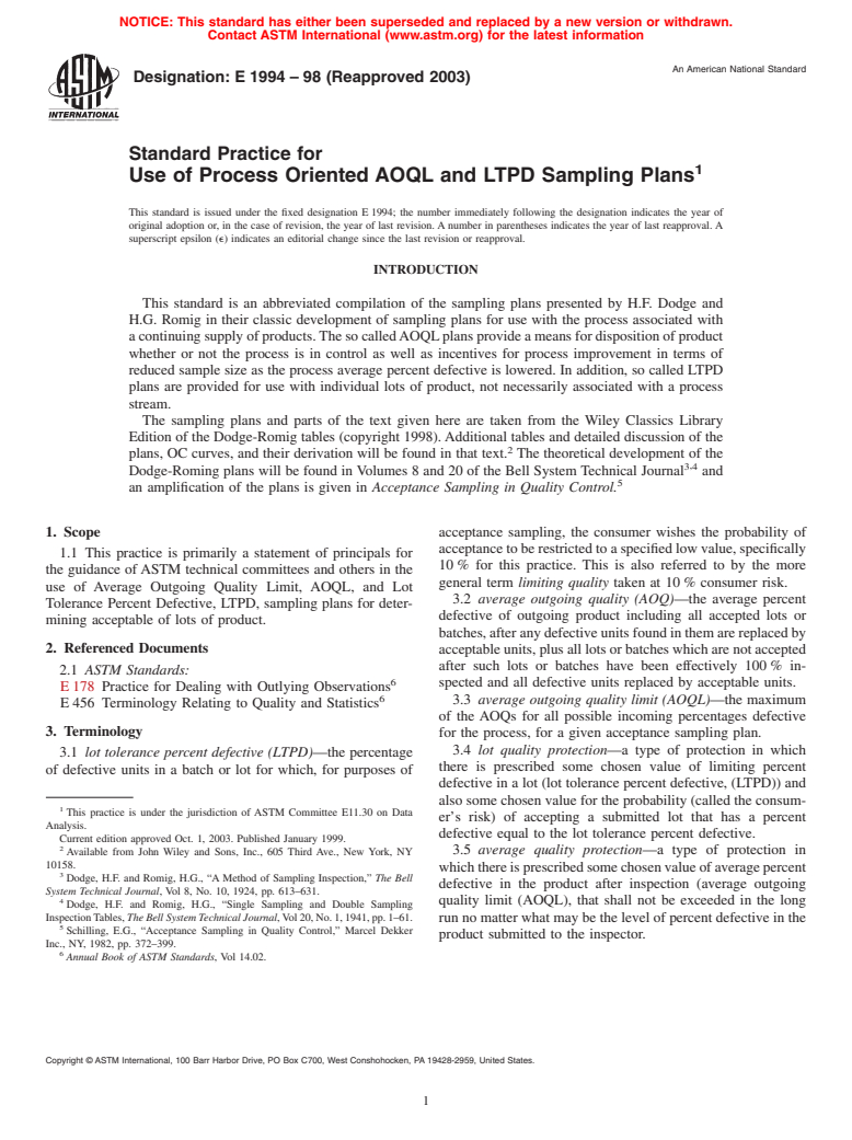 ASTM E1994-98(2003) - Standard Practice for Use of Process Oriented AOQL and LTPD Sampling Plans