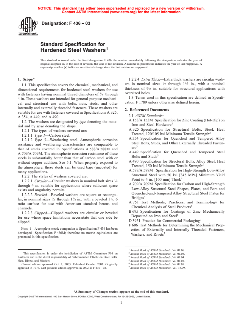 ASTM F436-03 - Standard Specification for Hardened Steel Washers