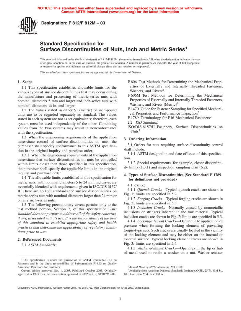 ASTM F812/F812M-03 - Standard Specification for Surface Discontinuities of Nuts, Inch and Metric Series