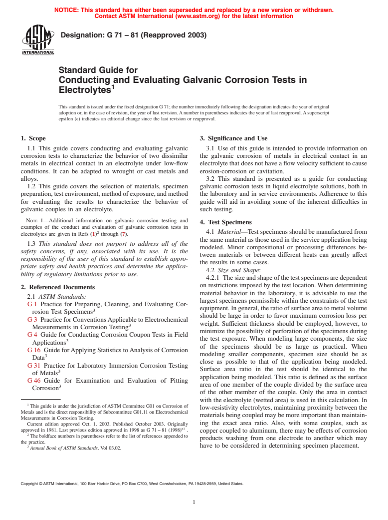 ASTM G71-81(2003) - Standard Guide for Conducting and Evaluating Galvanic Corrosion Tests in Electrolytes