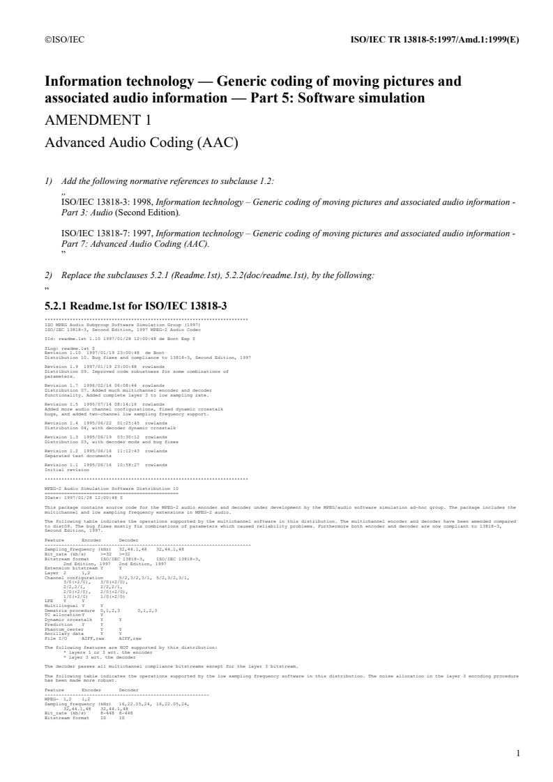 ISO/IEC TR 13818-5:1997/Amd 1:1999 - Information technology — Generic coding of moving pictures and associated audio information — Part 5: Software simulation — Amendment 1: Advanced Audio Coding (AAC)
Released:7/15/1999