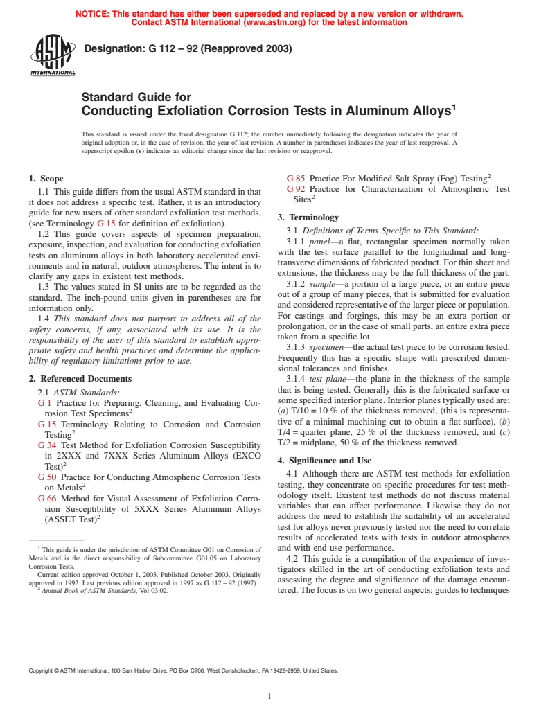 ASTM G112-92(2003) - Standard Guide for Conducting Exfoliation Corrosion Tests in Aluminum Alloys