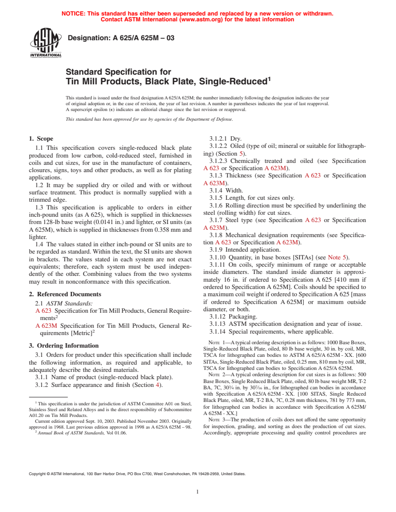 ASTM A625/A625M-03 - Standard Specification for Tin Mill Products, Black Plate, Single Reduced