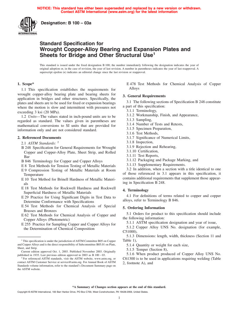 ASTM B100-03a - Standard Specification for Wrought Copper-Alloy Bearing and Expansion Plates and Sheets for Bridge and Other Structural Use