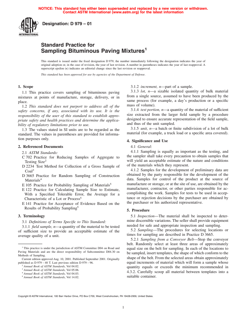 ASTM D979-01 - Standard Practice for Sampling Bituminous Paving Mixtures