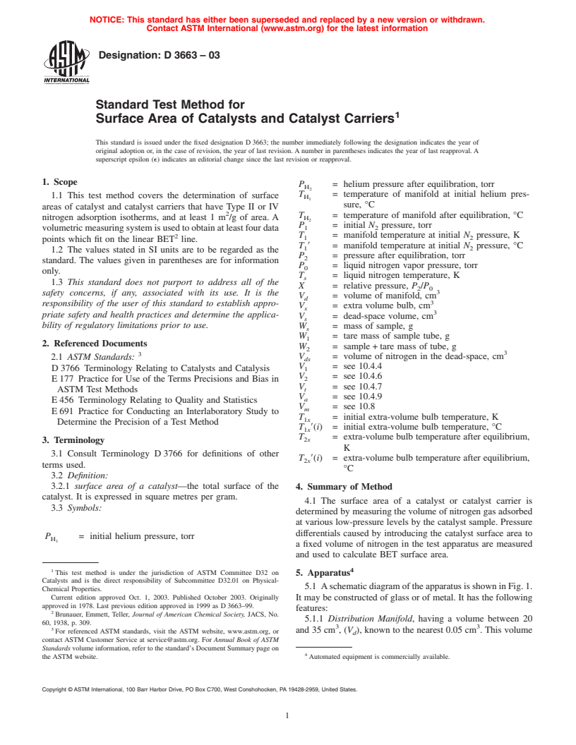 ASTM D3663-03 - Standard Test Method for Surface Area of Catalysts and Catalyst Carriers