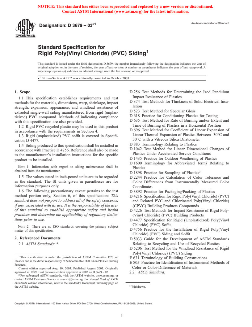 ASTM D3679-03e1 - Standard Specification for Rigid Poly(Vinyl Chloride) (PVC) Siding