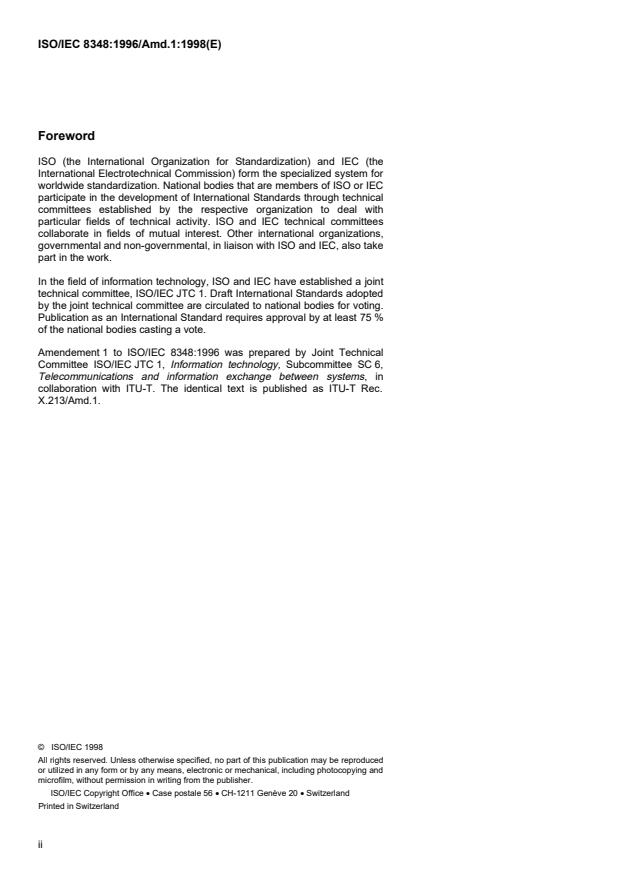 ISO/IEC 8348:1996/Amd 1:1998 ISO/IEC 8348:1996/Amd 1:1998 - Addition of the Internet protocol address format identifier - Page 2 preview