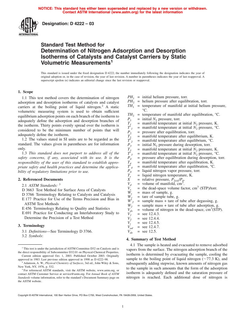 ASTM D4222-03 - Standard Test Method for Determination of Nitrogen Adsorption and Desorption Isotherms of Catalysts By Static Volumetric Measurements