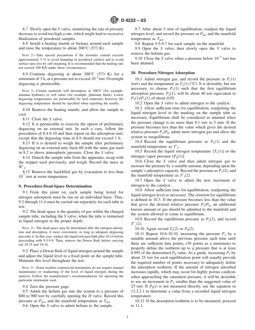 ASTM D4222-03 - Standard Test Method for Determination of Nitrogen Adsorption and Desorption Isotherms of Catalysts By Static Volumetric Measurements