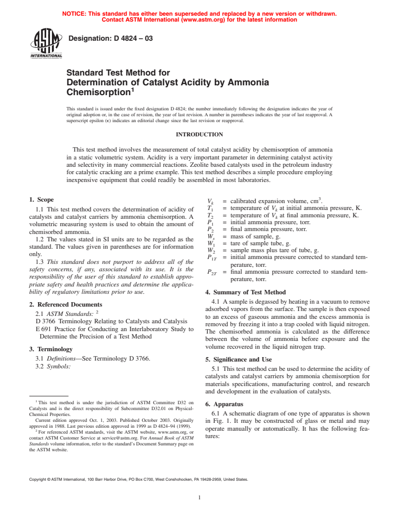 ASTM D4824-03 - Standard Test Method for Determination of Catalyst Acidity by Ammonia Chemisorption