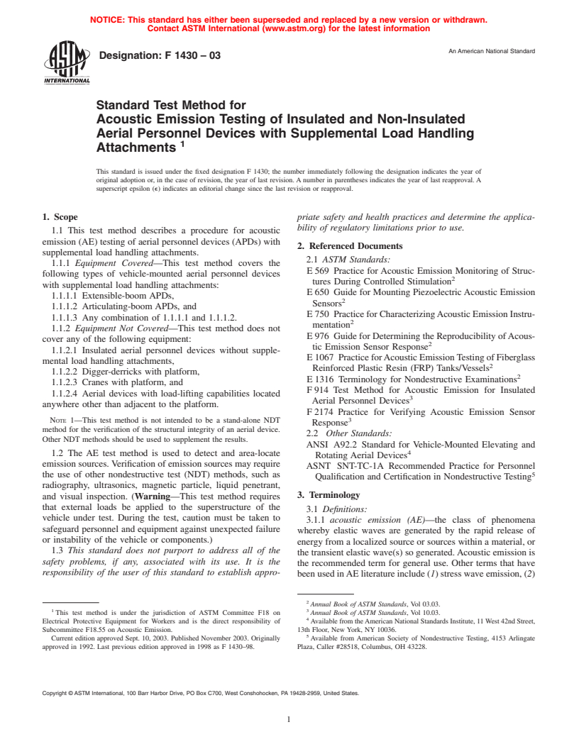 ASTM F1430-03 - Standard Test Method for Acoustic Emission Testing of Insulated and Non-Insulated Aerial Personnel Devices with Supplemental Load Handling Attachments