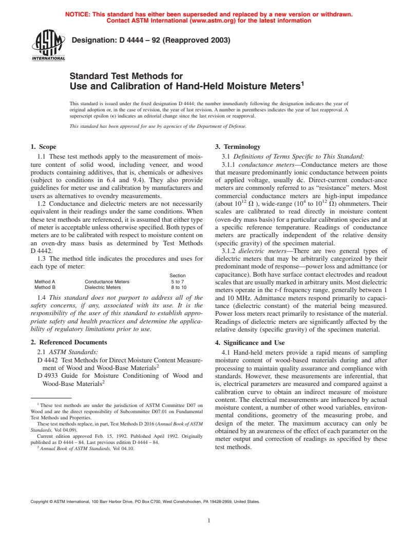 ASTM D4444-92(2003) - Standard Test Methods for Use and Calibration of Hand-Held Moisture Meters