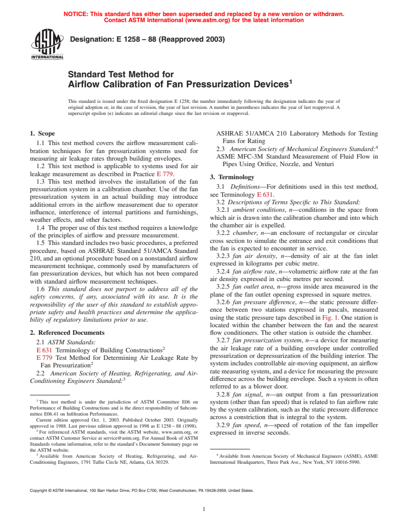 ASTM E1258-88(2003) - Standard Test Method for Airflow Calibration of Fan Pressurization Devices