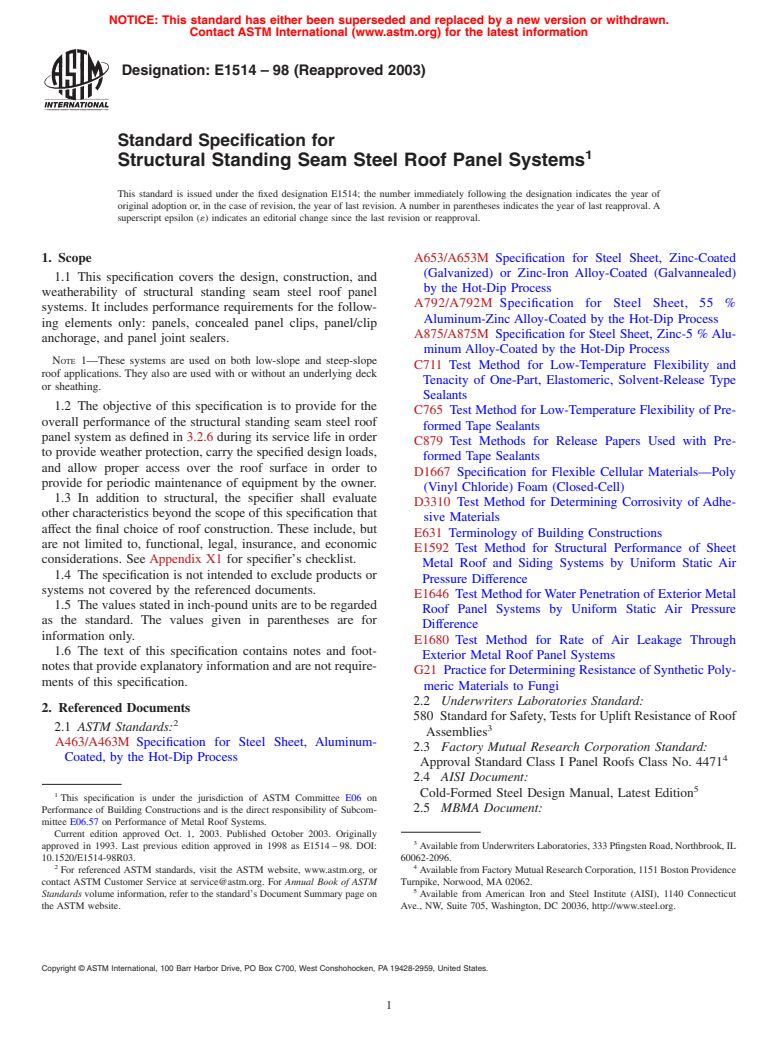 ASTM E1514-98(2003) - Standard Specification for Structural Standing Seam Steel Roof Panel Systems