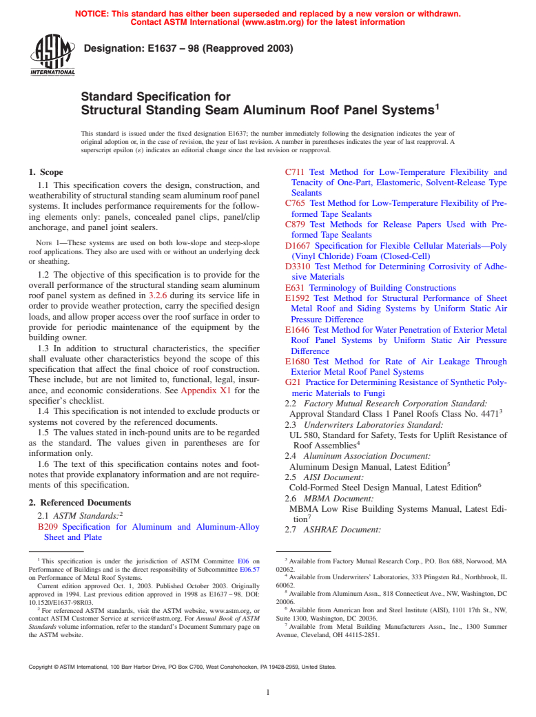 ASTM E1637-98(2003) - Standard Specification for Structural Standing Seam Aluminum Roof Panel Systems