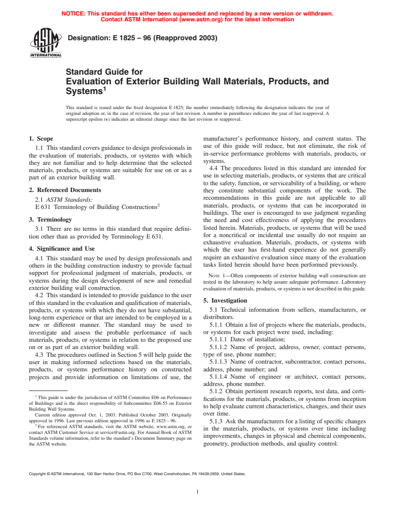 ASTM E1825-96(2003) - Standard Guide for Evaluation of Exterior Building Wall Materials, Products, and Systems