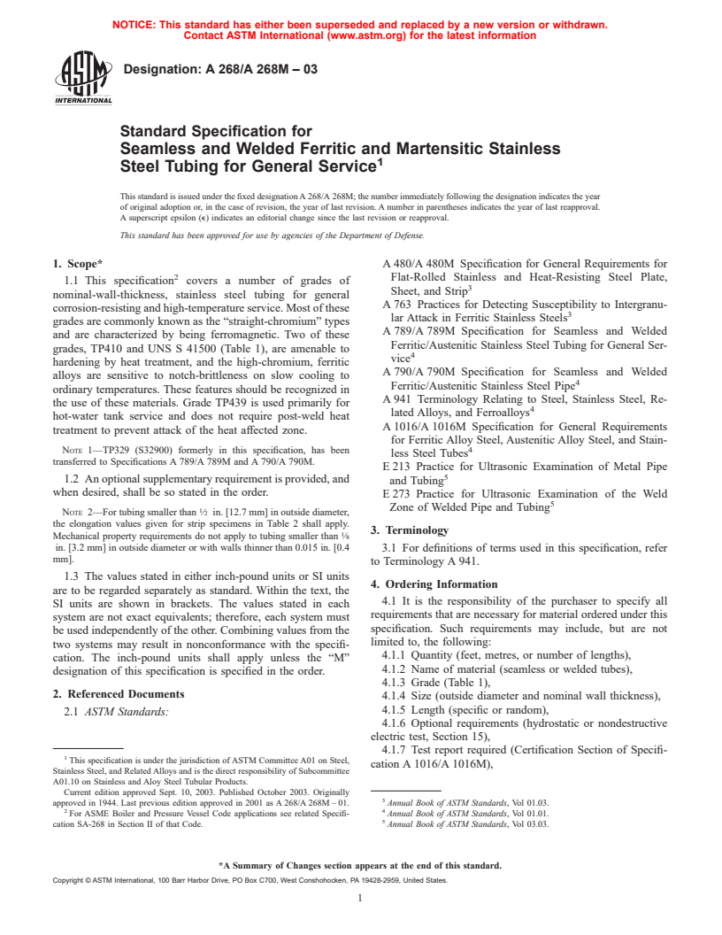 ASTM A268/A268M-03 - Standard Specification for Seamless and Welded Ferritic and Martensitic Stainless Steel Tubing for General Service