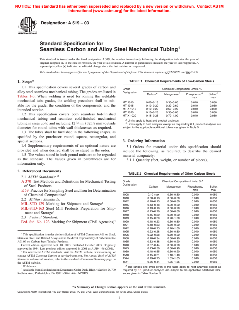 ASTM A519-03 - Standard Specification for Seamless Carbon and Alloy Steel Mechanical Tubing