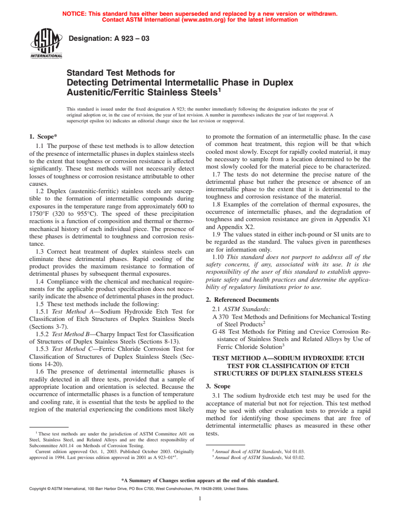 ASTM A923-03 - Standard Test Methods for Detecting Detrimental Intermetallic Phase in Wrought Duplex Austenitic/Ferritic Stainless Steels