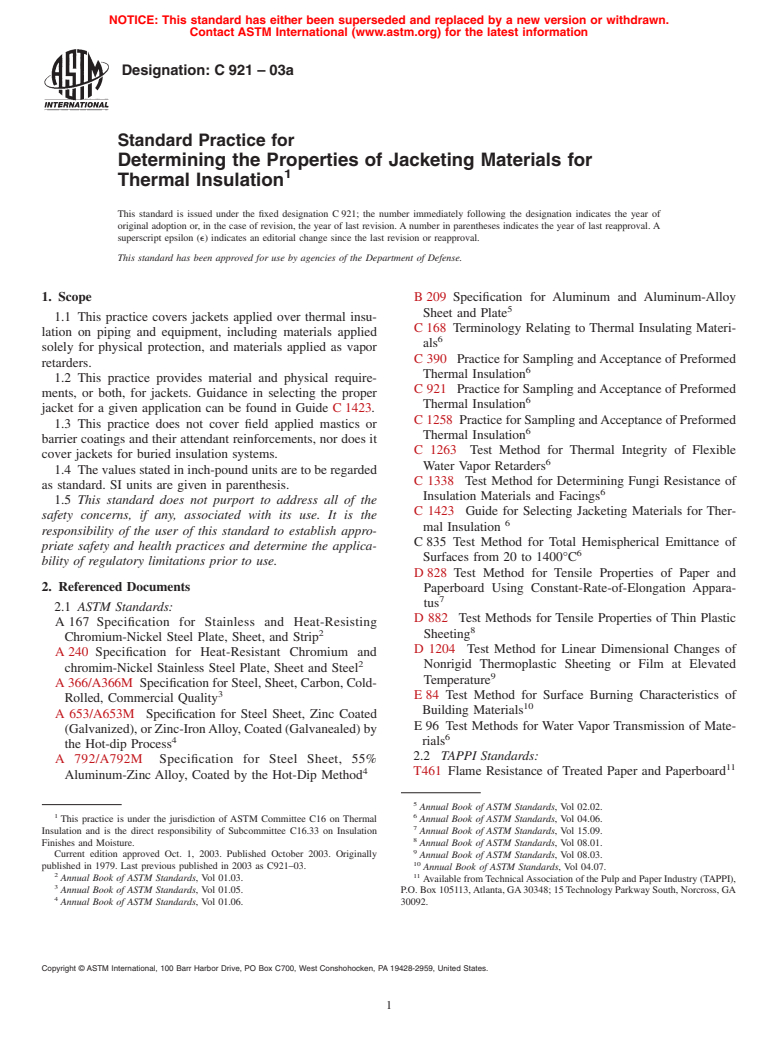 ASTM C921-03a - Standard Practice for Determining the Properties of Jacketing Materials for Thermal Insulation