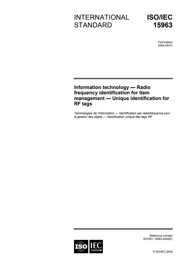 ISO/IEC 15963:2004 - Information technology -- Radio frequency identification for item management -- Unique identification for RF tags