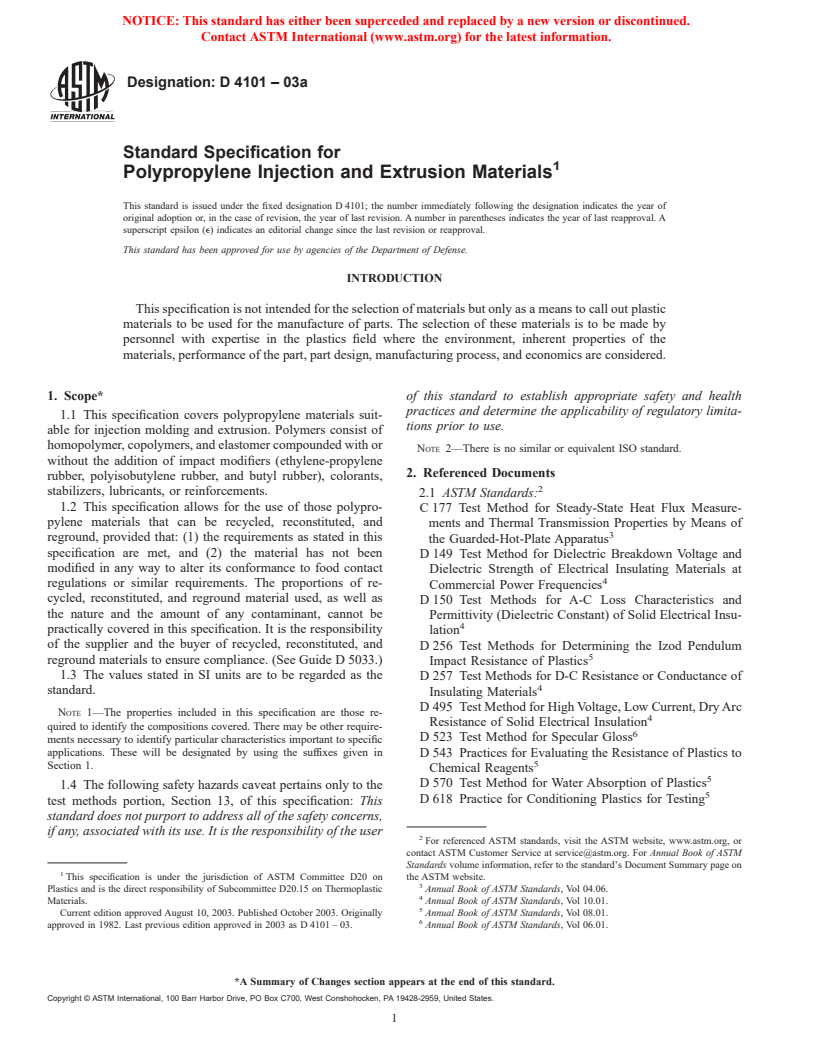 ASTM D4101-03a - Standard Specification for Polypropylene Injection and Extrusion Materials