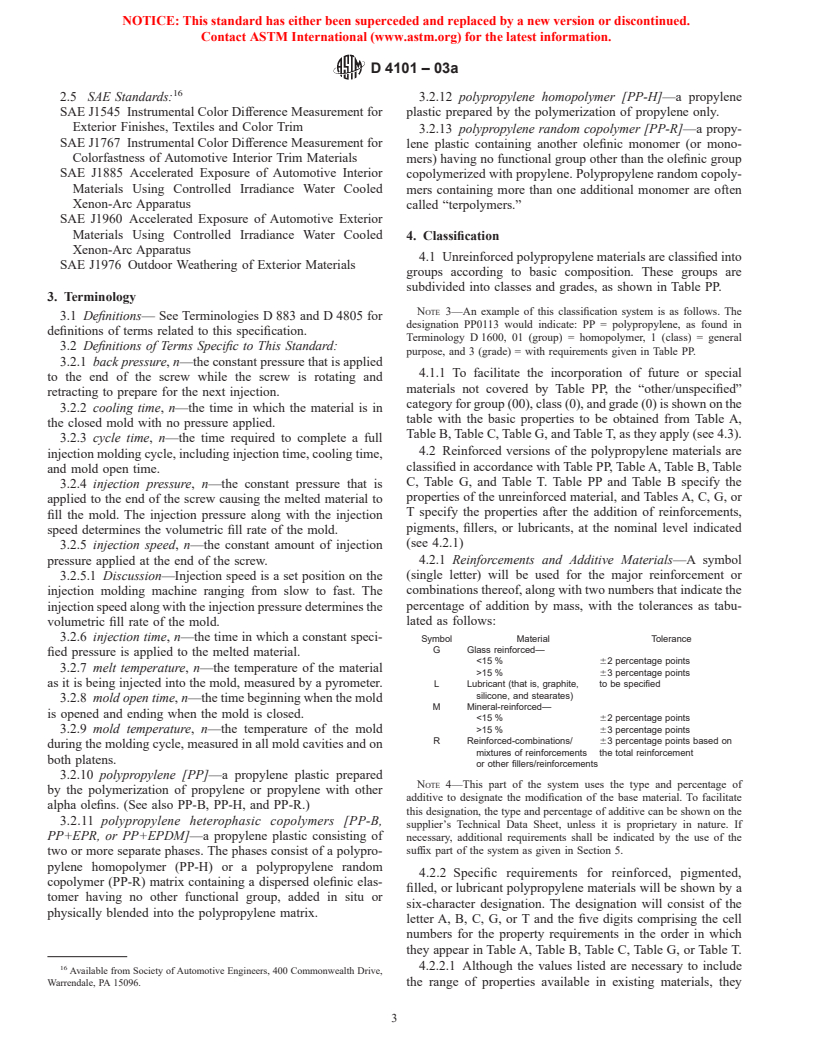 ASTM D4101-03a - Standard Specification for Polypropylene Injection and Extrusion Materials