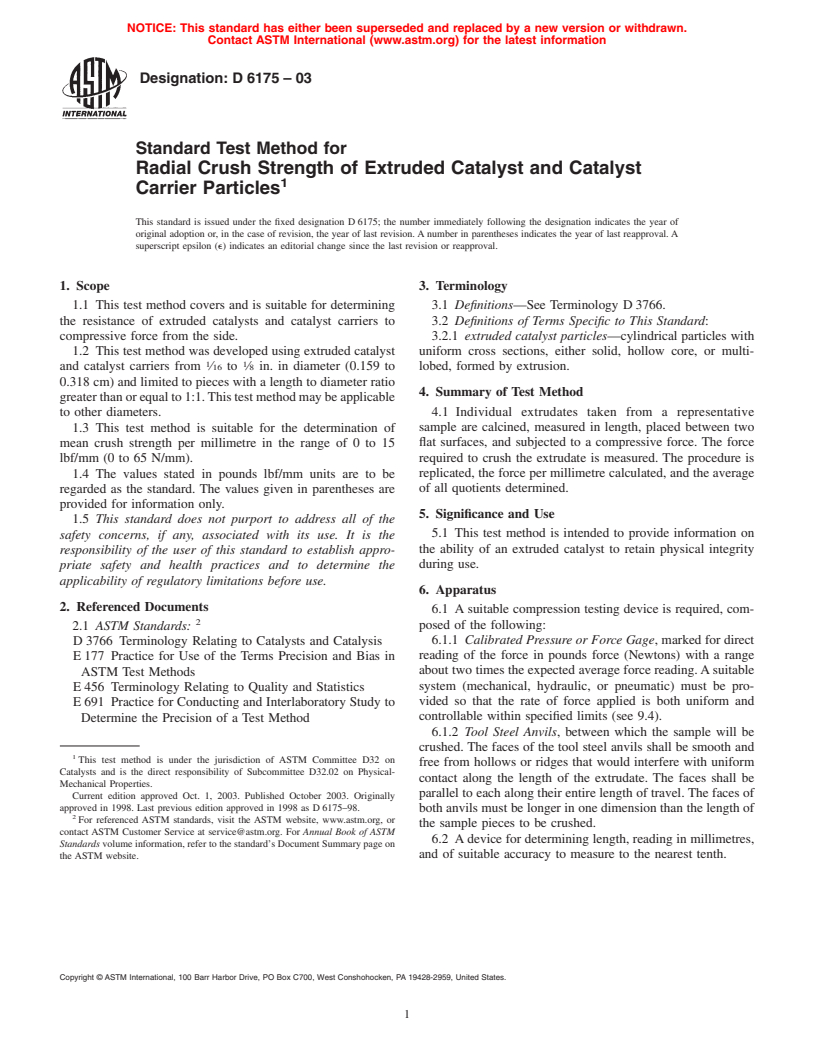 ASTM D6175-03 - Standard Test Method for Radial Crush Strength of Extruded Catalyst and Catalyst Carrier Particles