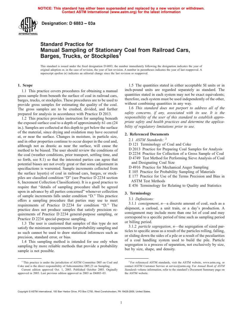 ASTM D6883-03a - Standard Practice for Manual Sampling of Stationary Coal from Railroad Cars, Barges, Trucks, or Stockpiles