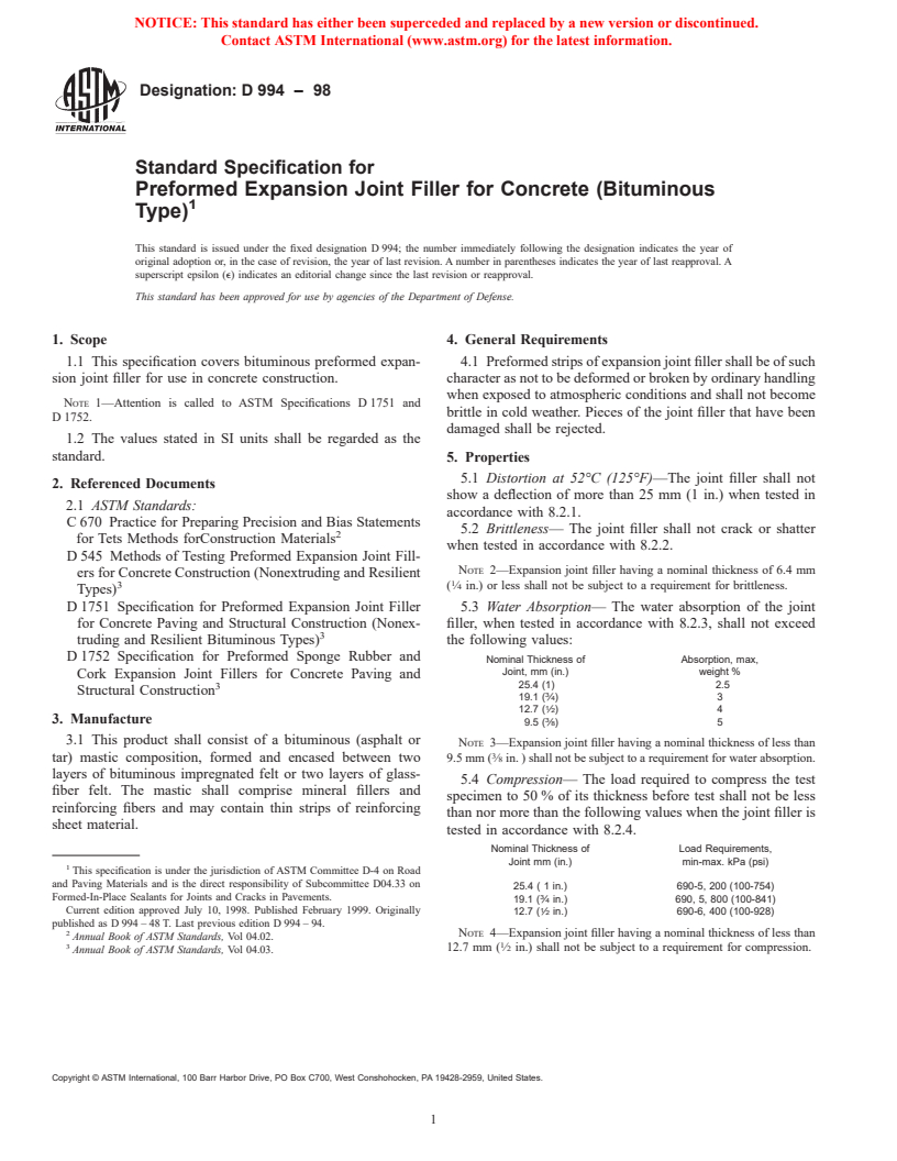 ASTM D994-98 - Standard Specification for Preformed Expansion Joint Filler for Concrete (Bituminous Type)