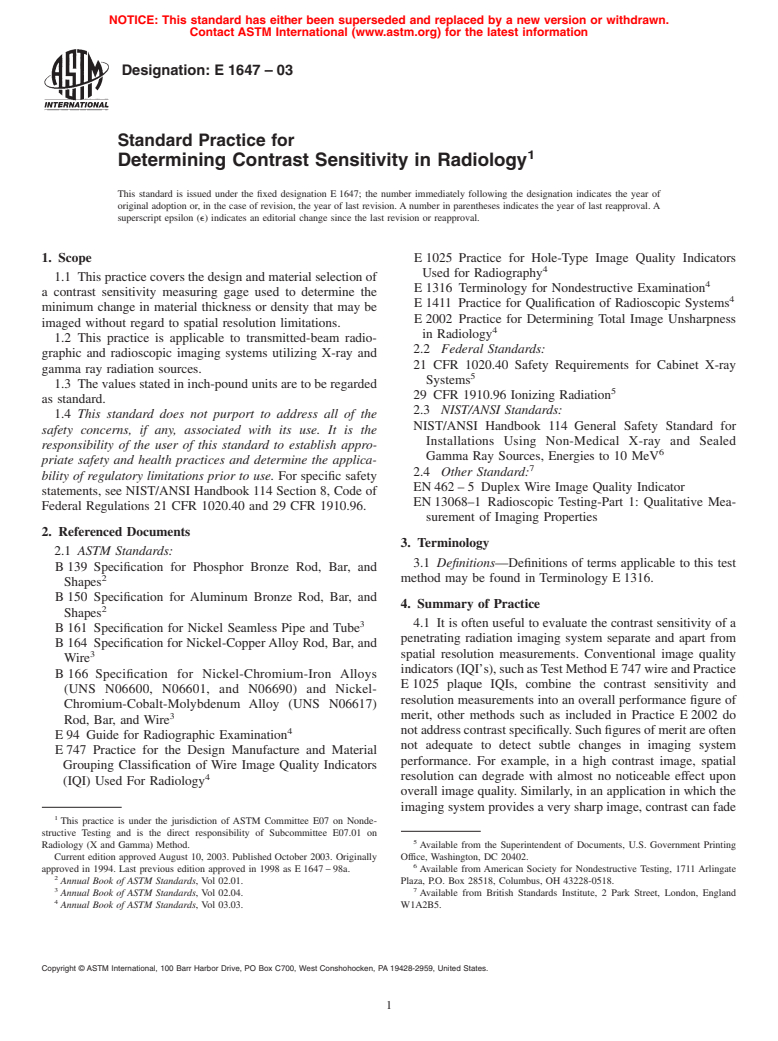 ASTM E1647-03 - Standard Practice for Determining Contrast Sensitivity in Radioscopy