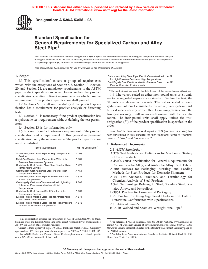 ASTM A530/A530M-03 - Standard Specification for General Requirements for Specialized Carbon and Alloy Steel Pipe