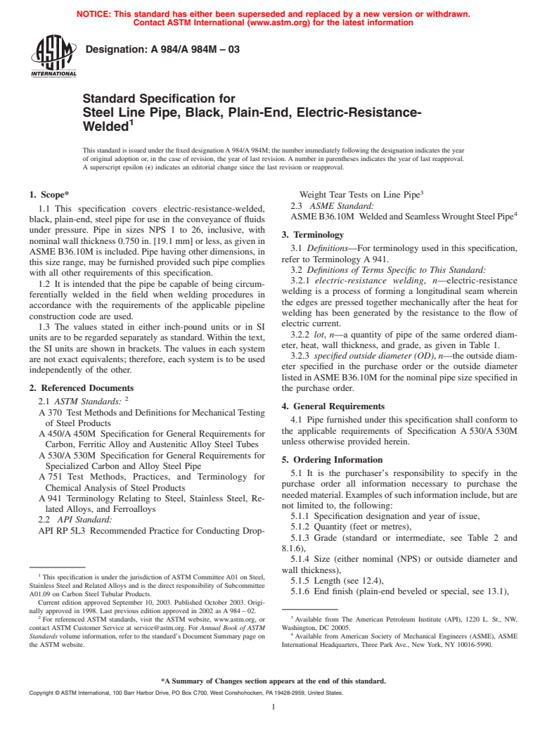 ASTM A984/A984M-03 - Standard Specification for Steel Line Pipe, Black, Plain-End, Electric-Resistance-Welded