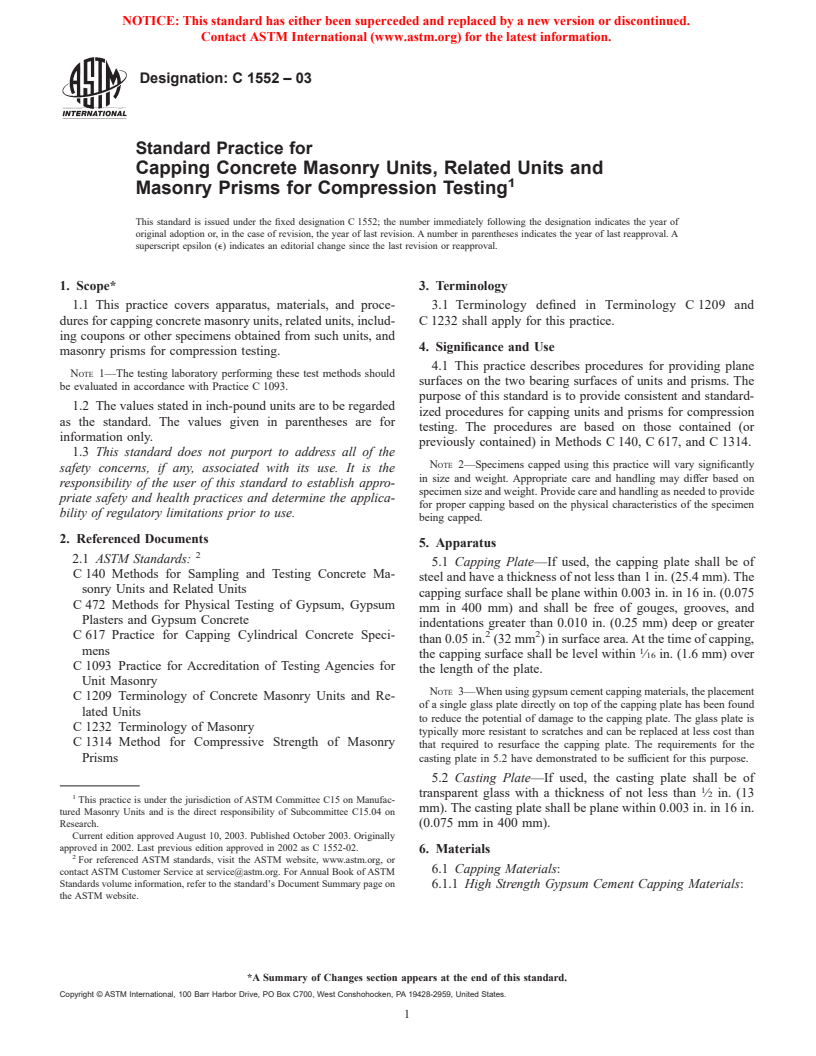 ASTM C1552-03 - Standard Practice for Capping Concrete Masonry Units, Related Units and Masonry Prisms for Compression Testing