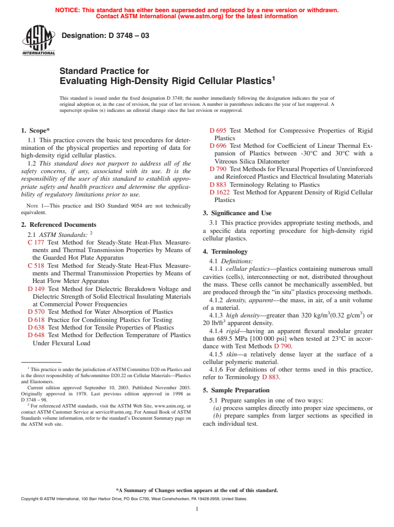 ASTM D3748-03 - Standard Practice for Evaluating High-Density Rigid Cellular Plastics