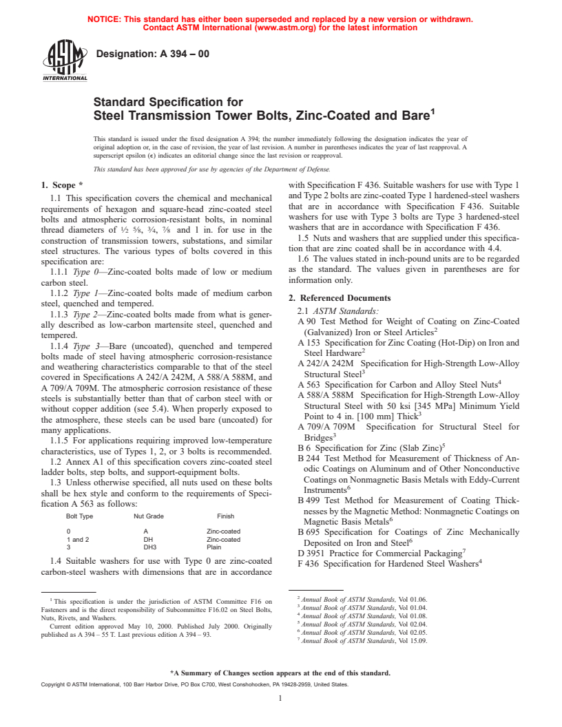 ASTM A394-00 - Standard Specification for Steel Transmission Tower Bolts, Zinc-Coated and Bare