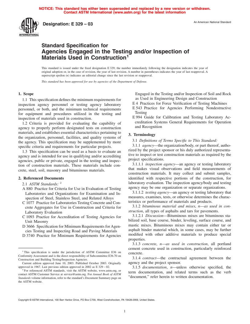 ASTM E329-03 - Standard Specification for Agencies Engaged in the Testing and/or Inspection of Materials Used in Construction