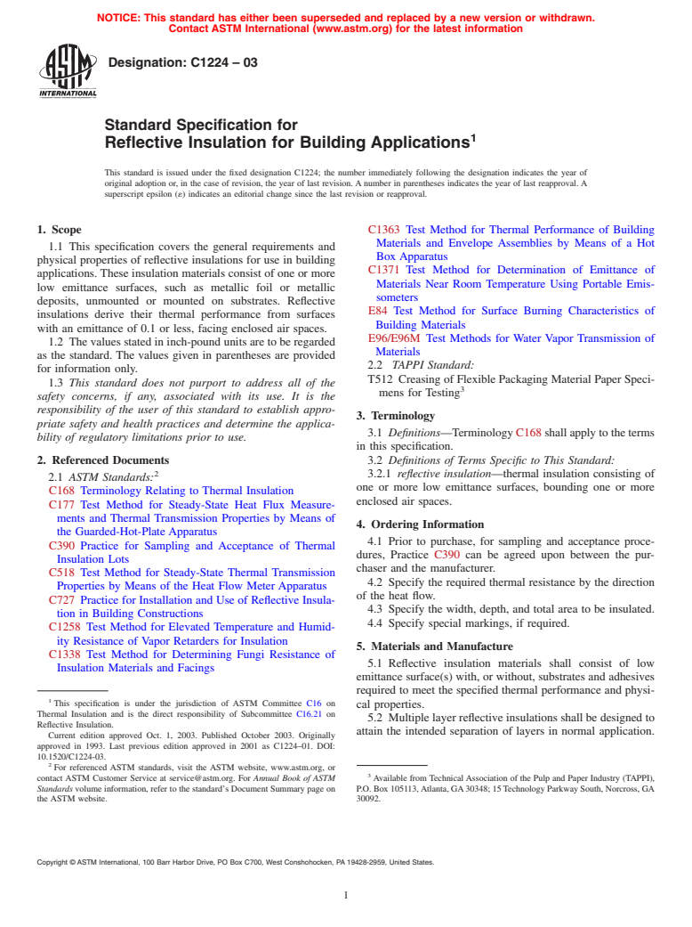ASTM C1224-03 - Standard Specification for Reflective Insulation for Building Applications
