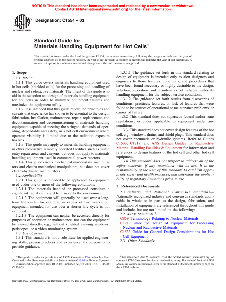 ASTM C1554-03 - Standard Guide for Materials Handling Equipment for Hot Cells