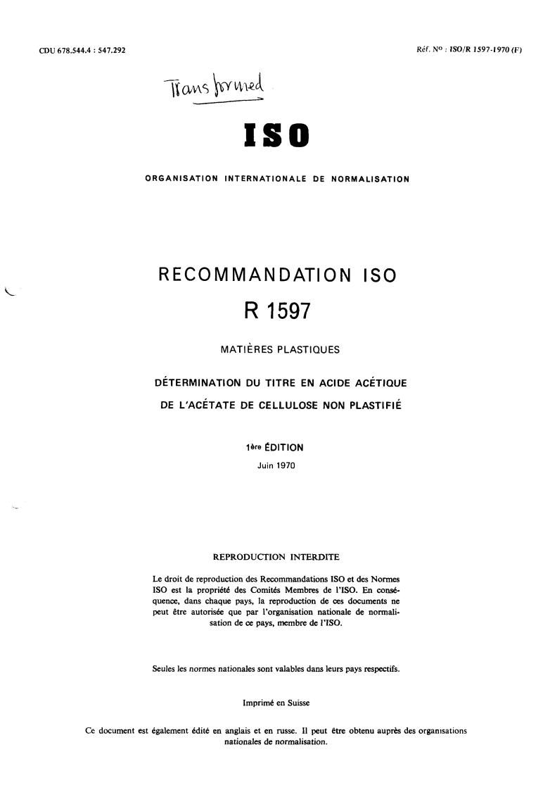 ISO/R 1597:1970 - Title missing - Legacy paper document
Released:1/1/1970