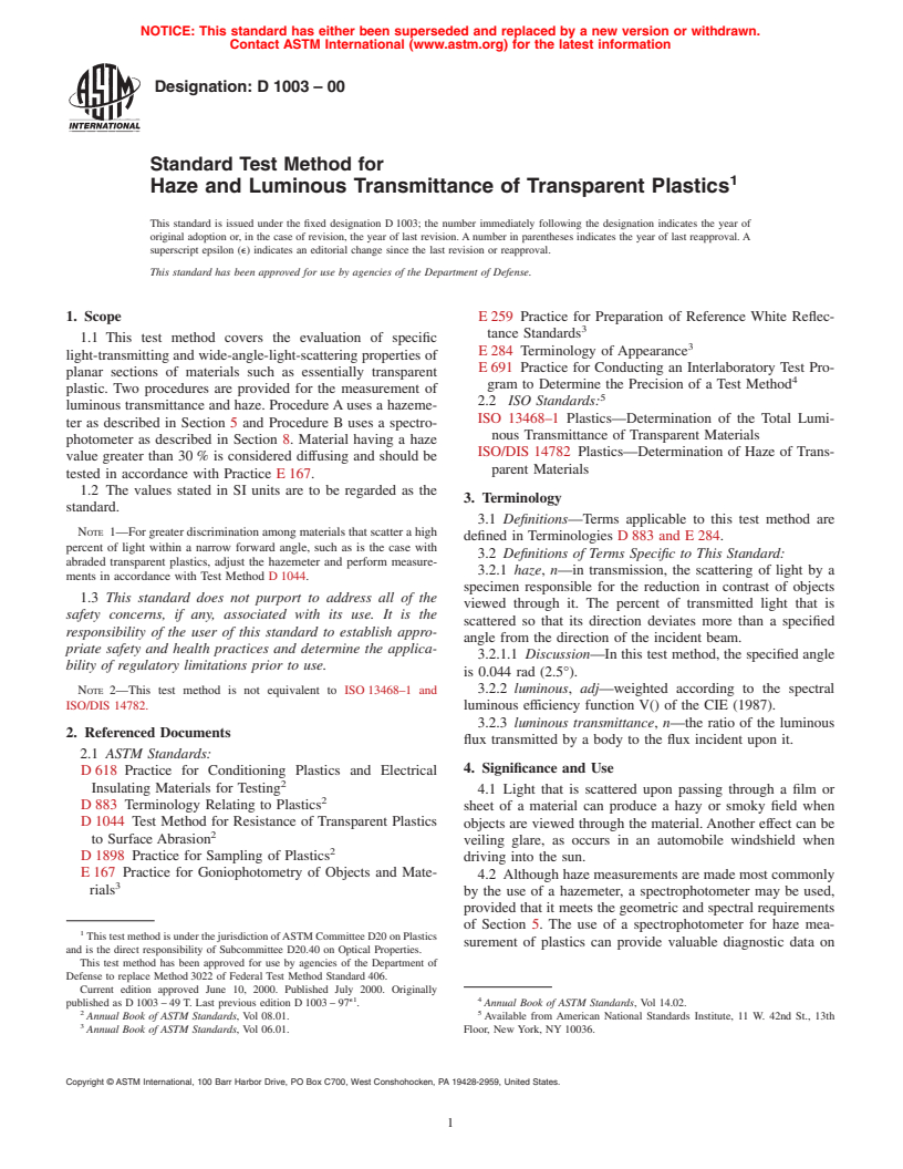 ASTM D1003-00 - Standard Test Method for Haze and Luminous Transmittance of Transparent Plastics