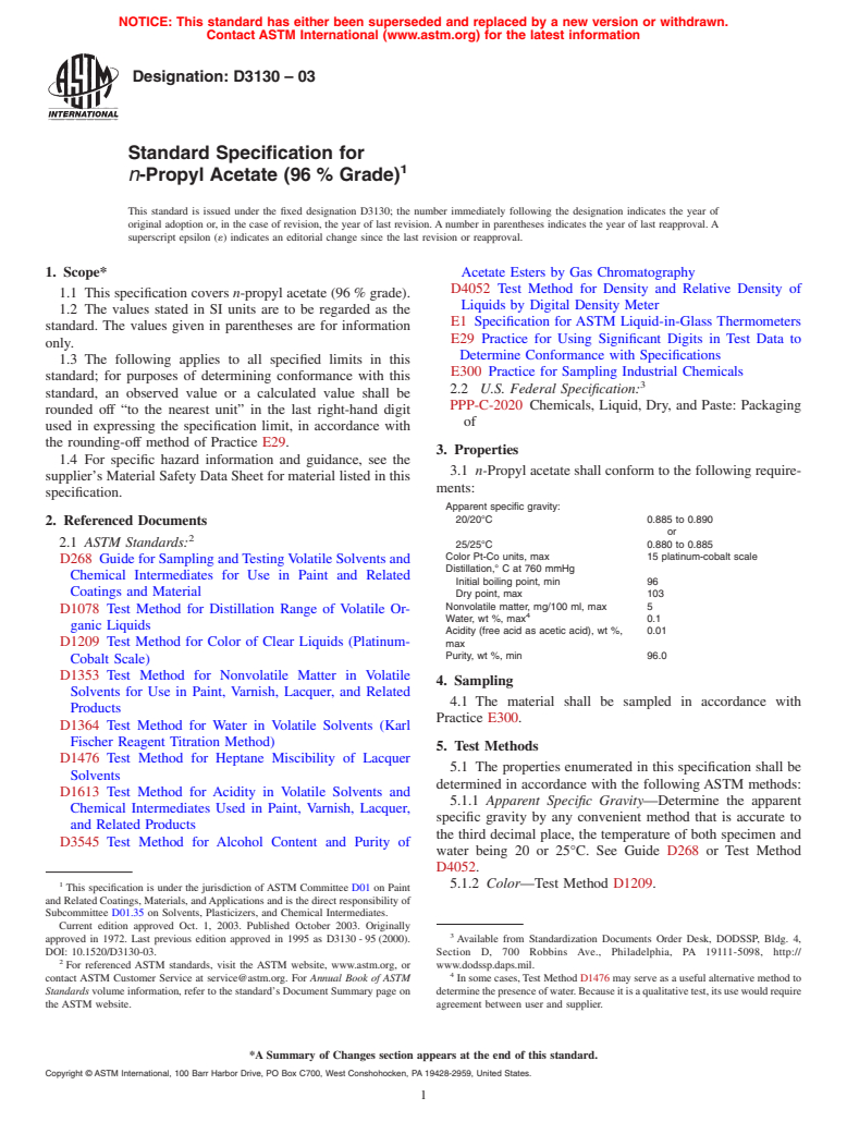 ASTM D3130-03 - Standard Specification for <i>n</i>-Propyl Acetate (96 % Grade)