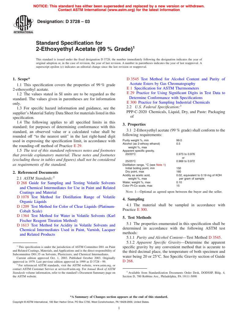 ASTM D3728-03 - Standard Specification for 2-Ethoxyethyl Acetate (99 % Grade)