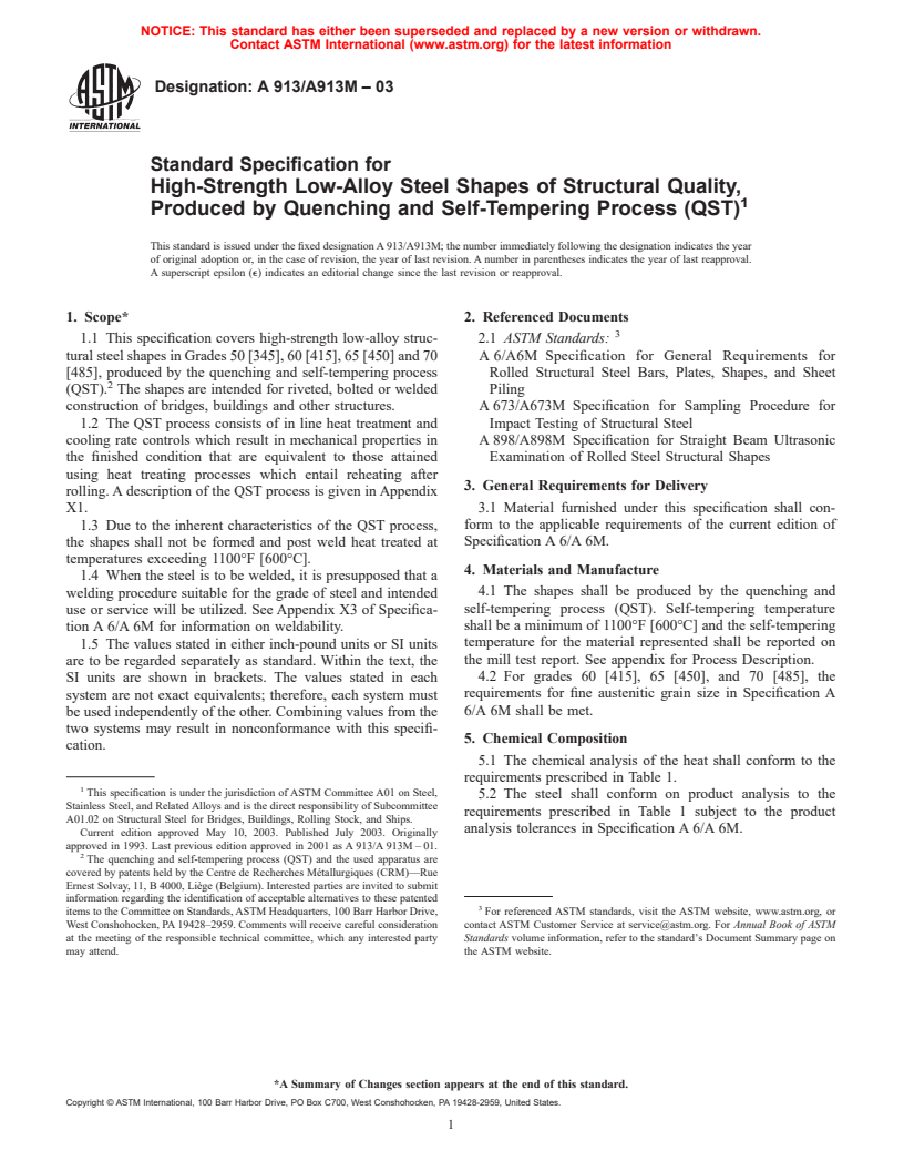 ASTM A913/A913M-03 - Standard Specification for High-Strength Low-Alloy Steel Shapes of Structural Quality, Produced by Quenching and Self-Tempering Process (QST)